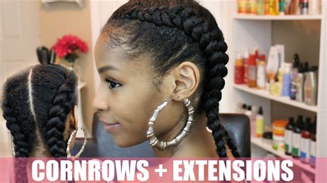 For young black girls and black women, hair has always been a part of our identity. Two Cornrows on Natural Hair + Extensions - YouTube