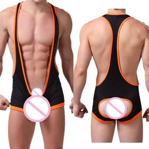 2018 New Men Thong Bodysuit Sexy Mens Mesh Bodysuit Suspender Wrestling Singlets For Men
