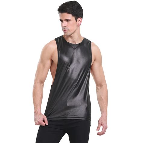 Solid Faux Leather Men Tank Top Sexy Fitness Novelty Loose Black