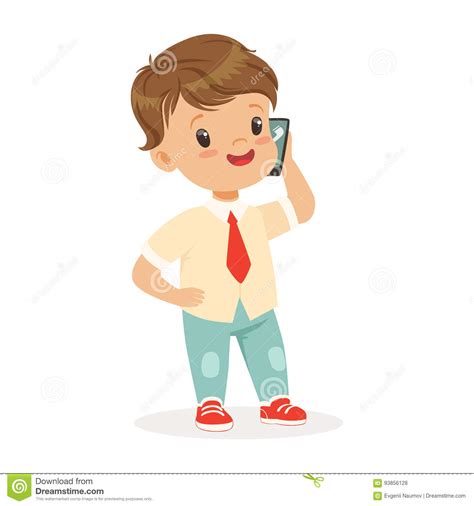 Smiling Little Boy Standing And Talking On Smartphone
