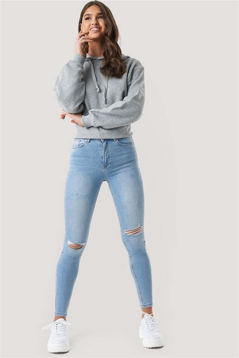 Skinny Jeans Mit Hoher Taille Used Look Blau Na Kd