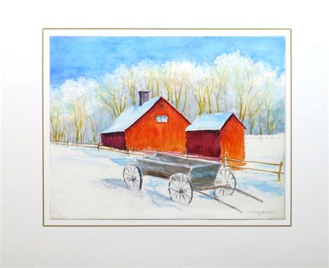 Watercolor Landscape Winter Barn Original Art Antique Maps And Prints