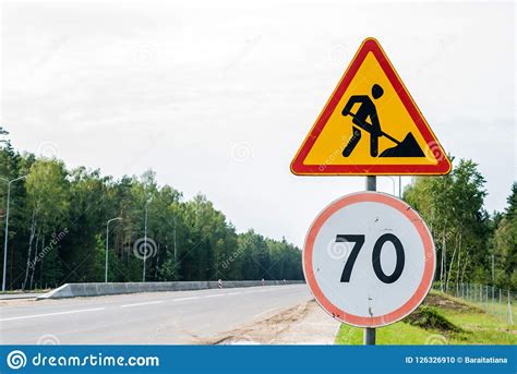 Temporary Traffic Road Sign Roadworks Works Ahead Stock Photo Image