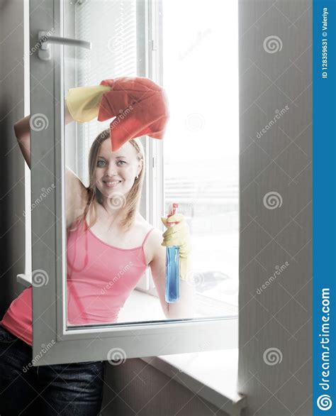 Woman Housewife Washes A Window Stock Image Image Of Woman Domestic