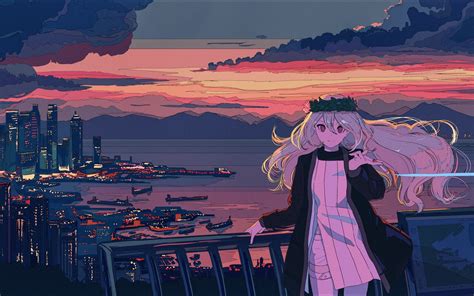 Anime Girl In Balcony Cityscape Sea And Sunset Wallpaper Hd Anime 4k