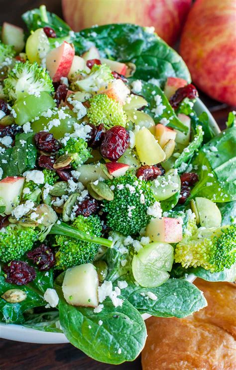 In a large salad bowl toss together spinach, apples, pecans, feta, cranberries and optional bacon and red onion. Apple Cranberry Spinach Salad with Broccoli and Feta ...