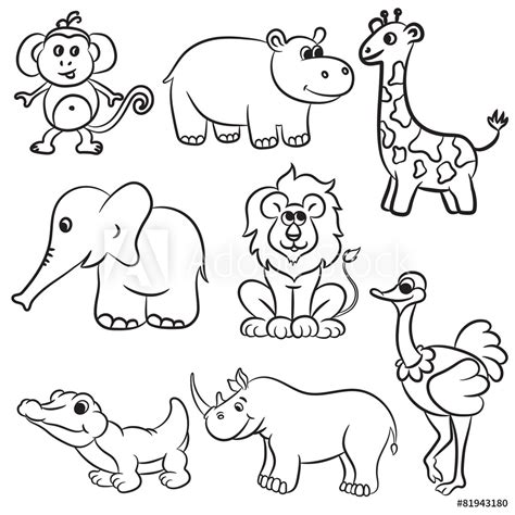 Poster Cute Outlined Zoo Animals Collection Vector Illustration Nikkel Art