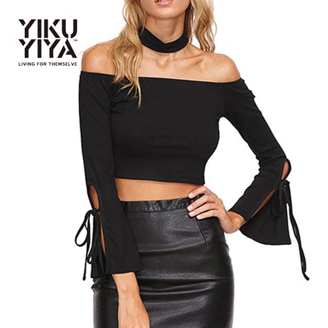 Yikuyiya 2017 Solid Black Crop Tops Off Shoulder Slash Neck T Shirt