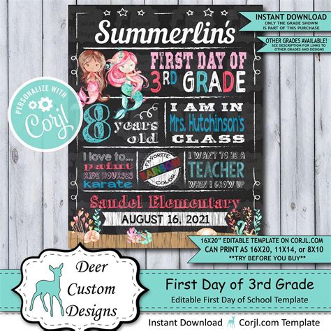 Back To School Sign Editable Template Mermaids First Day 3rd Etsy