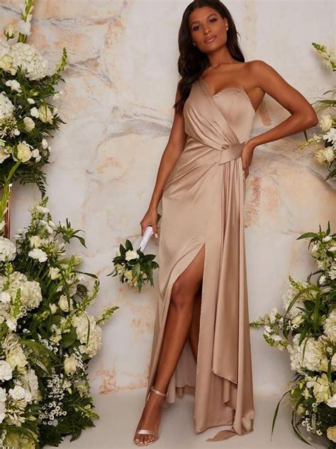 One Shoulder Satin Finish Maxi Dress In Champagne Neutral Bridesmaid Dresses Maxi Bridesmaid