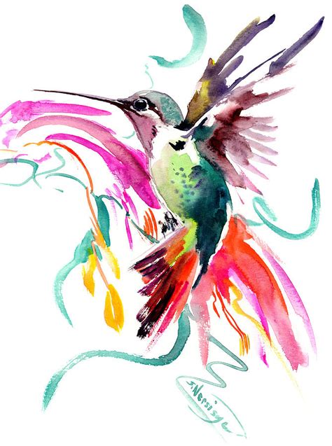 Flying Hummingbird And Abstract Flowers Turquoise Pink Watercolor