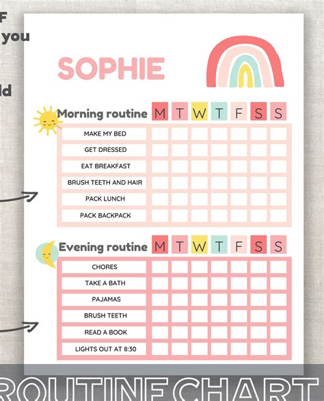 Kids Chart Girl Routine Chart Pink Rainbow Morning And Evening Etsy