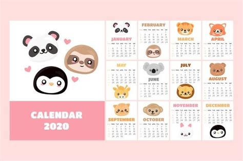 Doodle Pastel Woodland Calendar Set 2020 With Fox Premium Vector