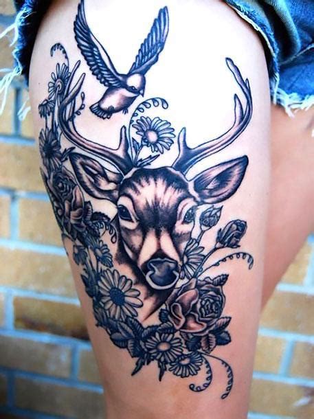 Deer On Thigh Tattoo Idea