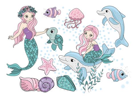 Mermaid And Sea Creature Cartoon Set 1233363 Vector Art At Vecteezy