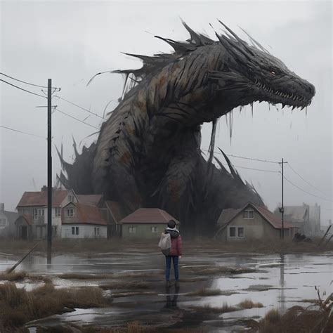 Premium Ai Image A Woman Stands In Front Of A Giant Monster