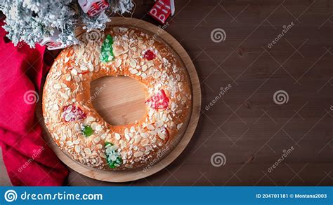 Traditional Epiphany Cake Roscon De Reyes On Wooden Table Top With