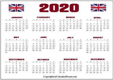 Free 2020 England Printable Calendar With Holidays Pdf Calendar Dream