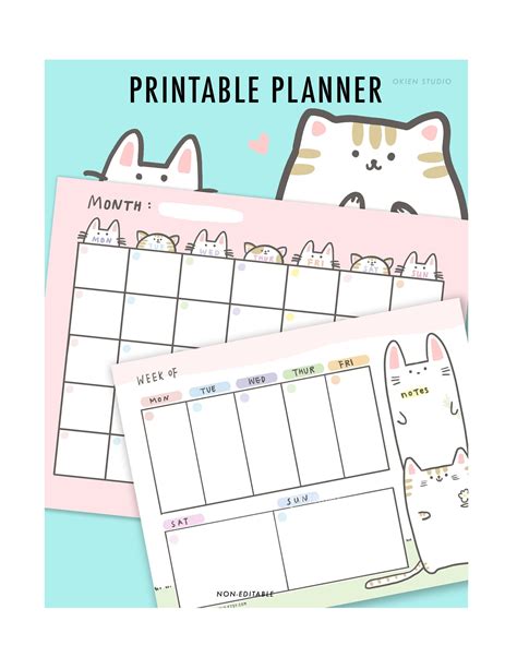 Cat Monthly Planner Cat Weekly Planner Digital Planner Etsy Planner