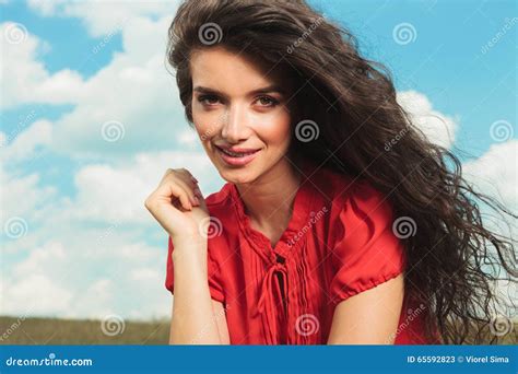 Close Up With Beautiful Woman With Long Hair Wearing Red Blouse Stock Image Image Of Woman