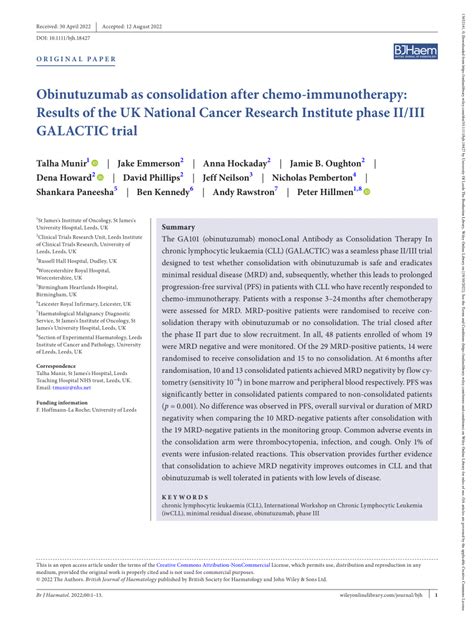 Pdf Obinutuzumab As Consolidation After Chemo‐immunotherapy Results