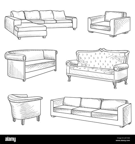 Furniture Set Interior Detail Outline Sketch Collection Bed Sofa