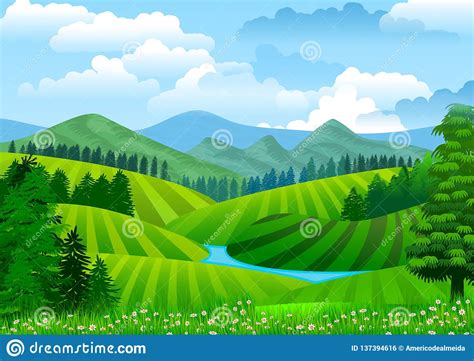 Natural Landscape With Blue Sky Mountains In Background Green Hills