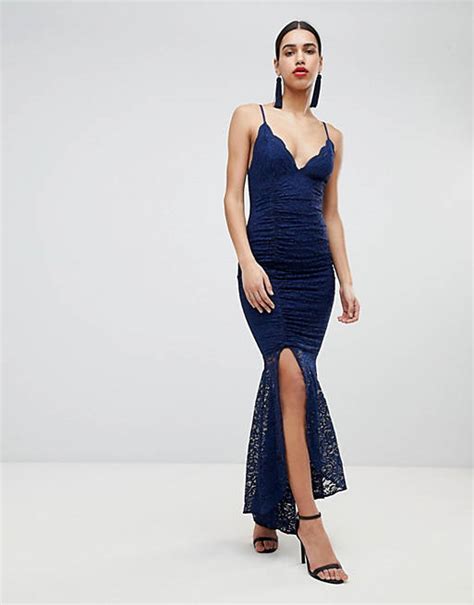 Asos Design Deep Plunge Lace Bodycon Maxi Dress With Fishtail Asos