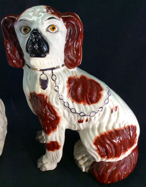Pair Antique English Old Staffordshire Pottery Ceramic Dog Spaniels