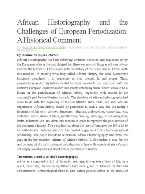African Historiography And The Challenges Of European Periodization