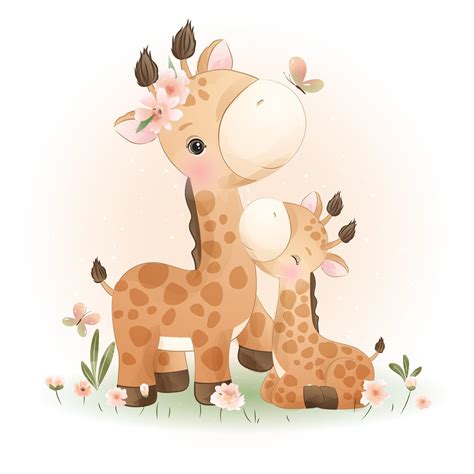 Cute Doodle Giraffe With Floral Illustration 2064079 Vector Art At Vecteezy