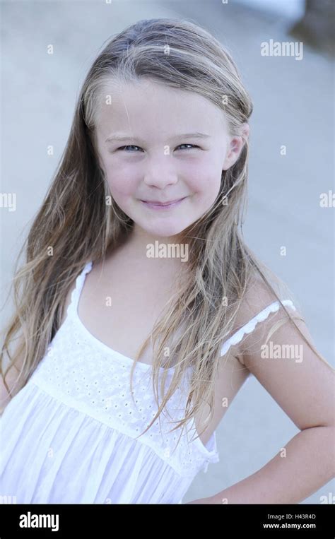 Girls Beach Stand Smile Portrait Stock Photo Alamy