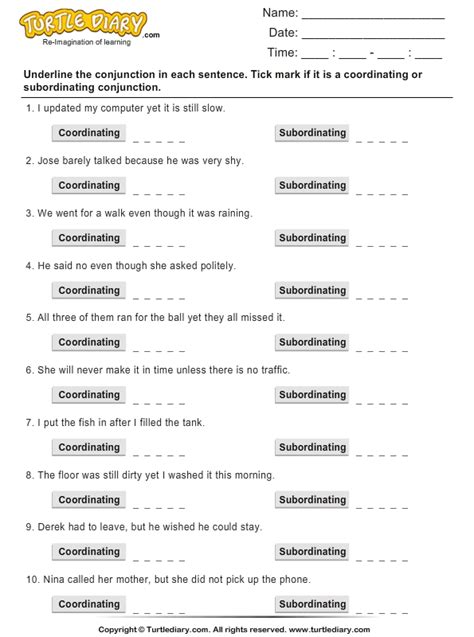 Coordinating Conjunctions Worksheet With Answers