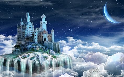Hd Wallpaper Castles Cloud Fantasy Floating Island Moon Star