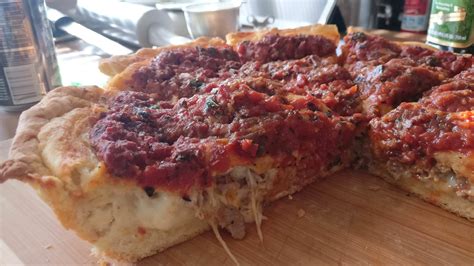 Homemade Chicago Style Stuffed Deep Dish Pizza With Italian Sausage