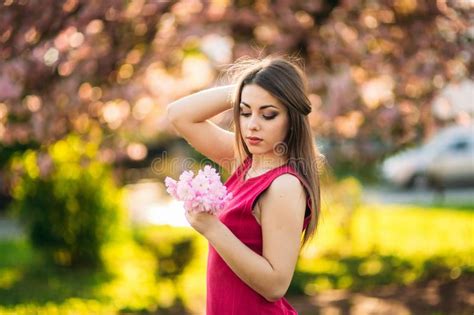 Charming Girl In Beautiful Pink Dress Hold Bunch Of Sakura In Hands
