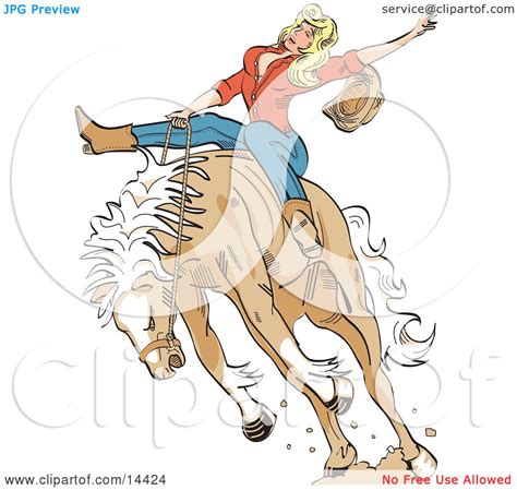 Attractive Blonde Cowgirl Riding A Bucking Bronco Horse In A Rodeo