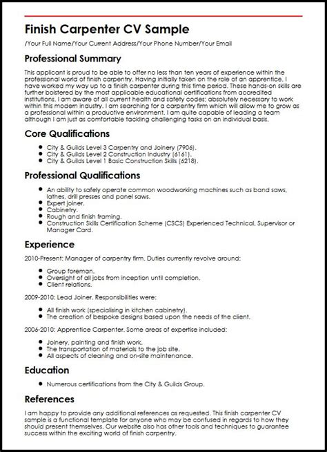 Onlinecv offers jobseekers multiple services to aid the job hunt. Finish Carpenter CV Sample - MyPerfectCV