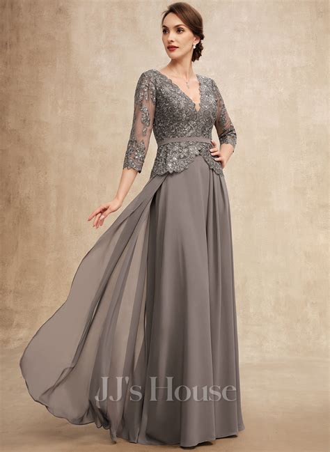 A Line V Neck Floor Length Chiffon Lace Mother Of The Bride Dress With