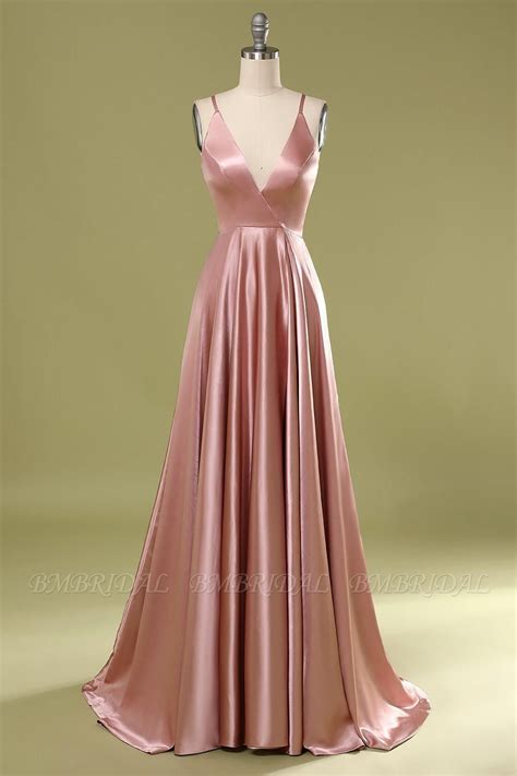 Simple Dusty Pink Deep V Neck Sleeveless Prom Dresses With Ruffle