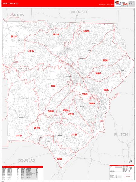 Cobb County Ga Zip Code Wall Map Red Line Style By Marketmaps Mapsales
