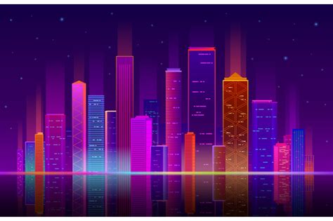 Night City Building With Neon Light Future Skyline With
