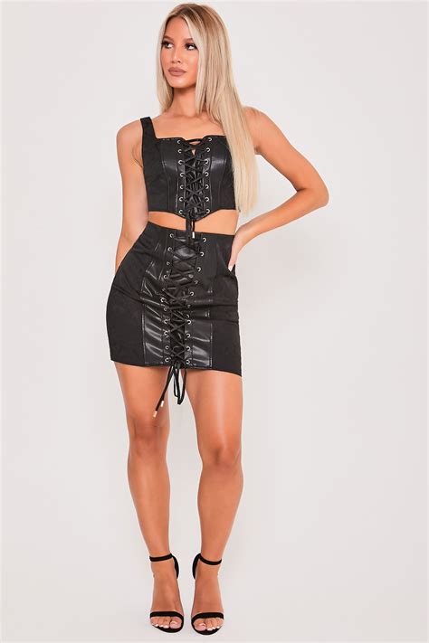 Eirian Black Jacquard And Faux Leather Lace Up Mini Skirt