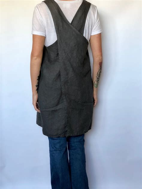 Linen Pinafore Apron Dress Cross Back With Pockets Xsmall To Plus Size