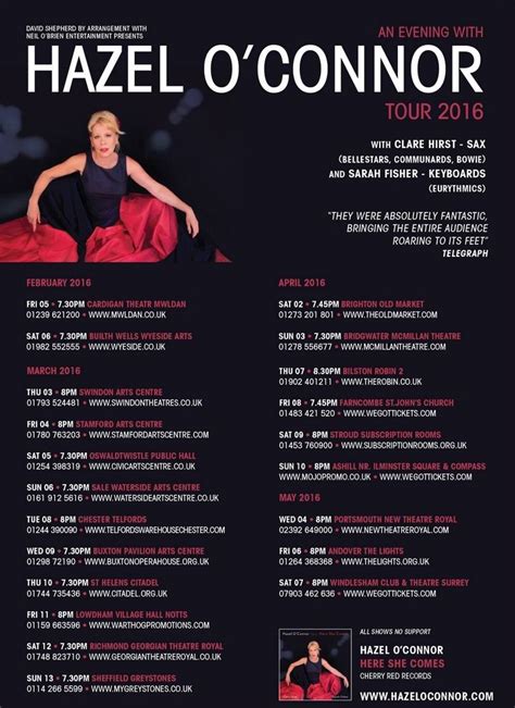 The Flyer For Hazel O Connor Tour With An Image Of A Woman In Black And Red