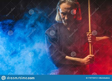 Portrait Of Kendo Fighter With Bokuto Traditional Japanese Martial Art