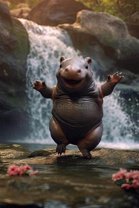 Funny Happy Laughing Baby Hippo Dancing In A Waterfall Stock
