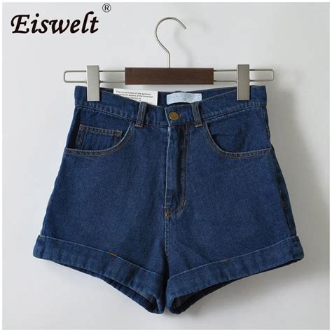 Eiswelt Euro Style Women Denim Shorts Vintage High Waist Cuffed Jeans