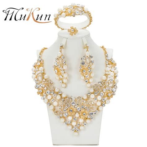 mukun crystal simulated pearl classic jewelry set vintage african beads jewelry sets for women