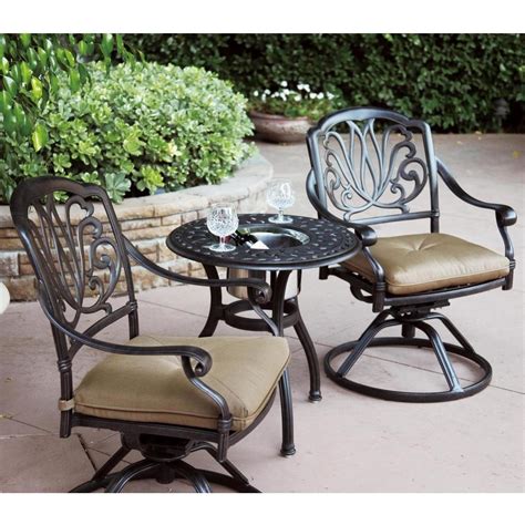We offer standard size dining sets, as well as grand sets that can accommodate as many as 12. Patio Furniture Bistro Set Cast Aluminum Swivel Rocker 3pc Lisse